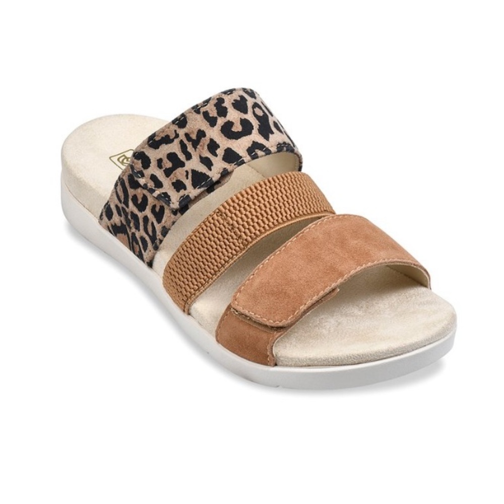 Spenco Tan Cheetah Print Tessa Leather Sandals Women 7.5 Wide Total Support READ